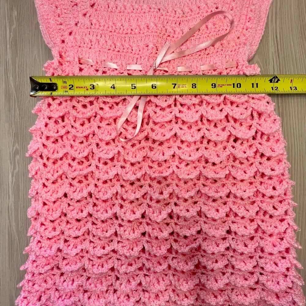 Handmade Crochet Baby Girl Dress Pink Layered Shell Stitch Ruffle Infant 6-12 M‎